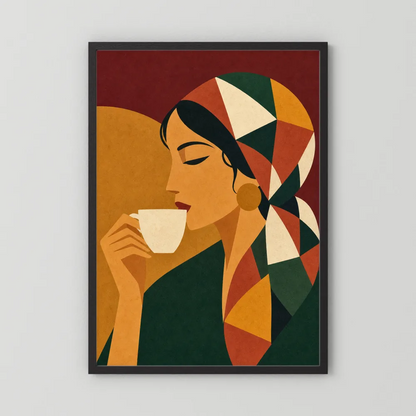 Woman Drinking Coffee with Geometric Headscarf Retro Art Print