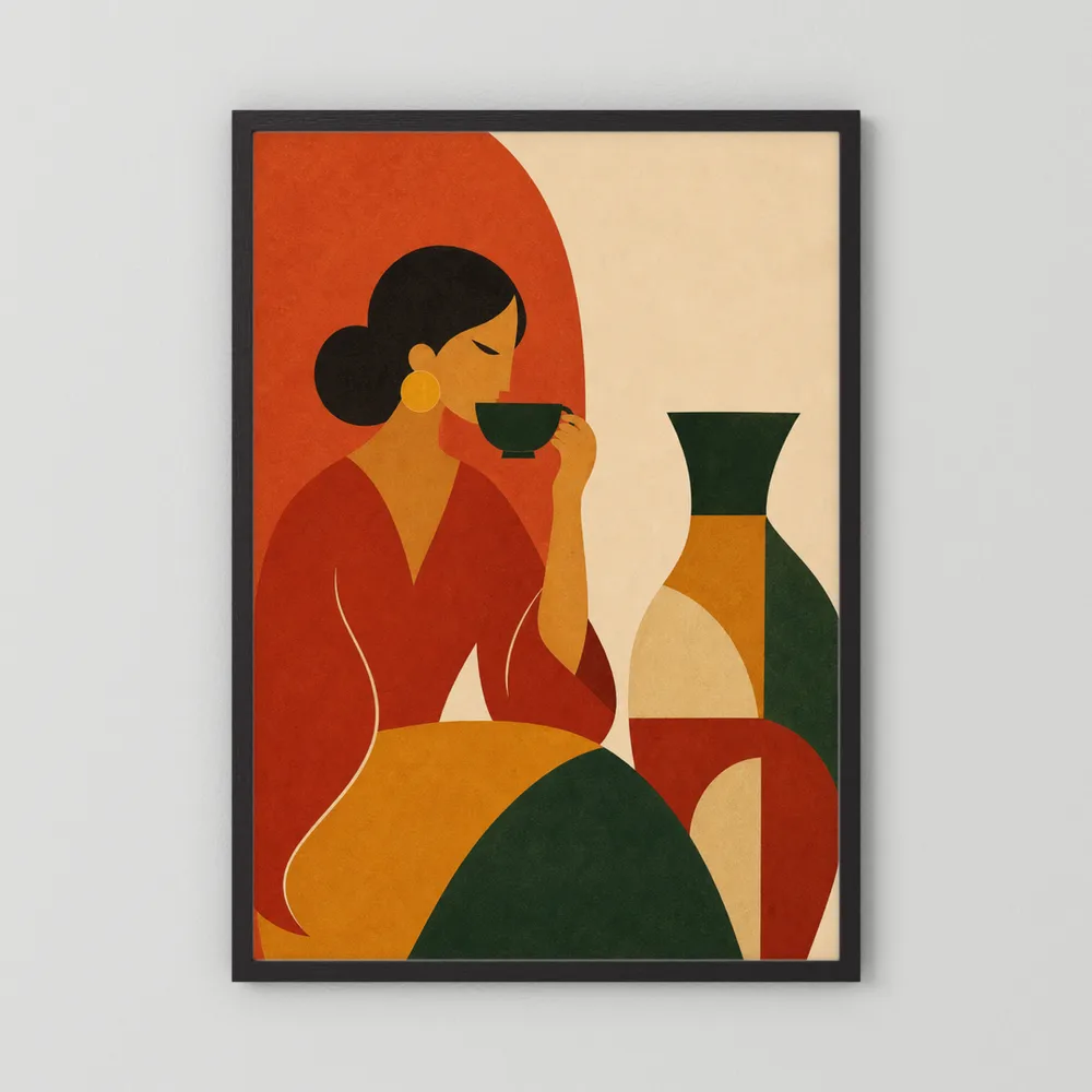 Woman Sipping Tea with Patterned Vase Boho Minimalist Art Print