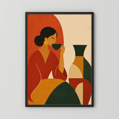 Woman Sipping Tea with Patterned Vase Boho Minimalist Art Print