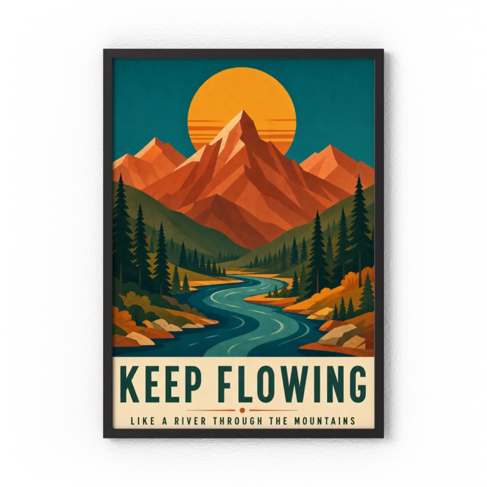 Keep Flowing – Retro Mountain & River Art Print