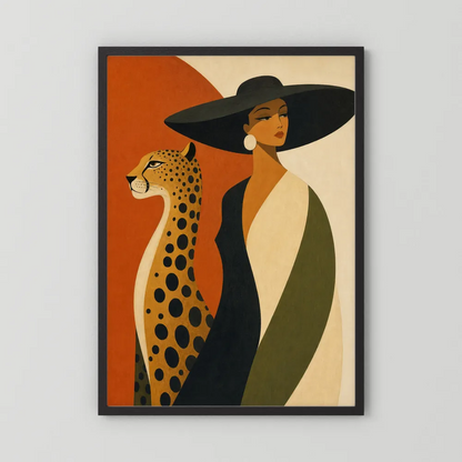 Glamorous Woman in Black Hat with Cheetah Mid-Century Art Print