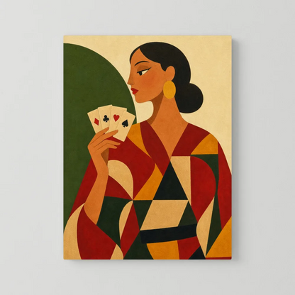 Woman Holding Playing Cards Mid-Century Art Deco Print