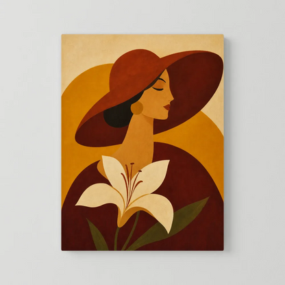 Woman in Sun Hat with White Lily Retro Art Print