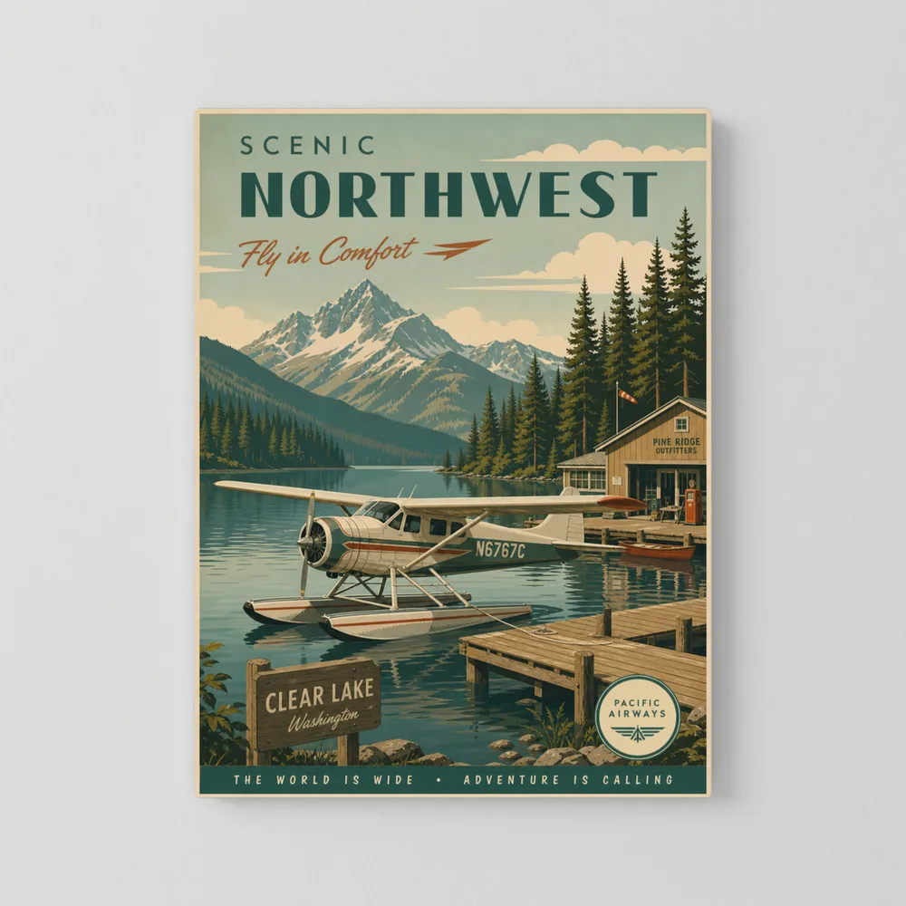 Scenic Northwest Clear Lake Washington Seaplane Vintage Travel Poster Art Print
