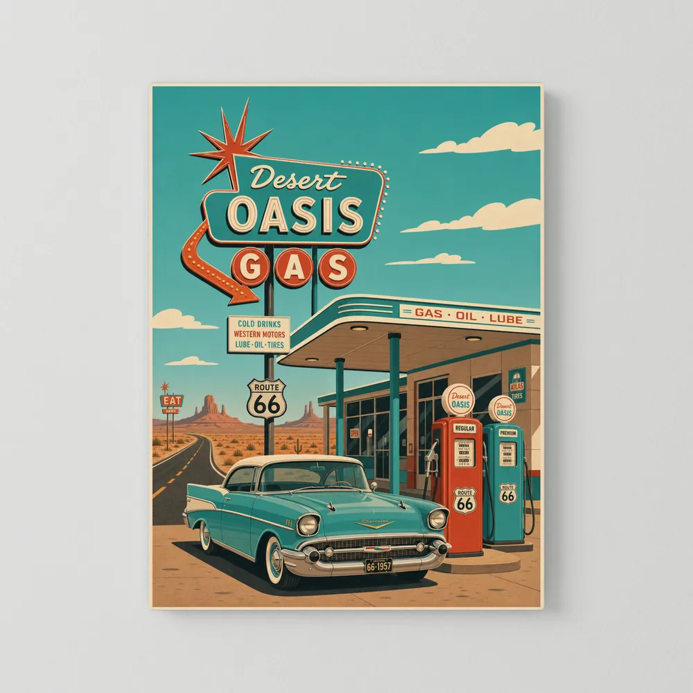 Desert Oasis Gas Station Route 66 Vintage Art Print