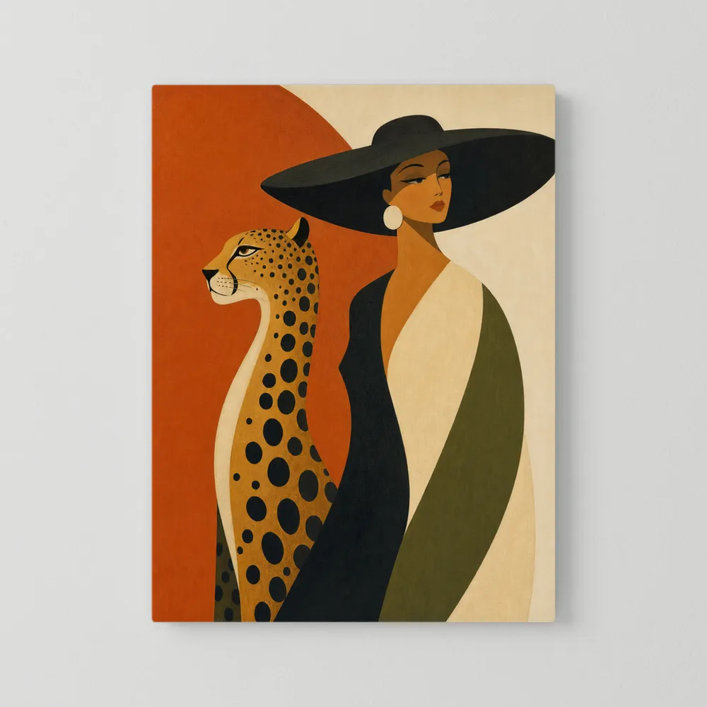 Glamorous Woman in Black Hat with Cheetah Mid-Century Art Print