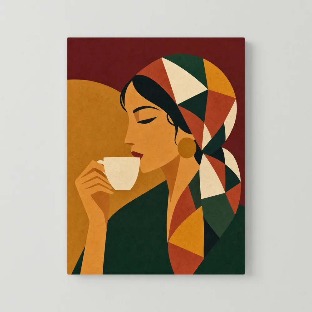Woman Drinking Coffee with Geometric Headscarf Retro Art Print
