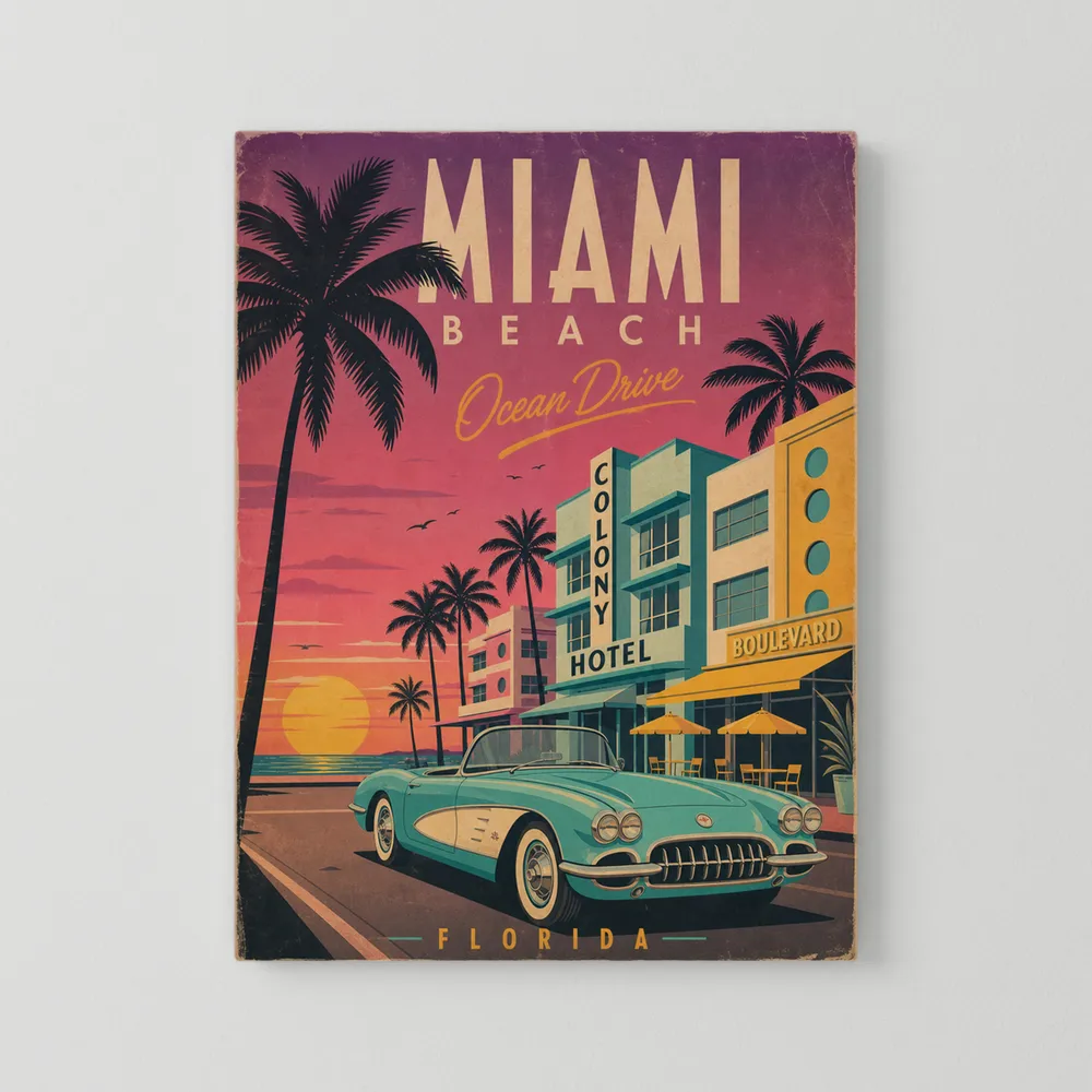Miami Beach Ocean Drive Art Deco Vintage Travel Poster
