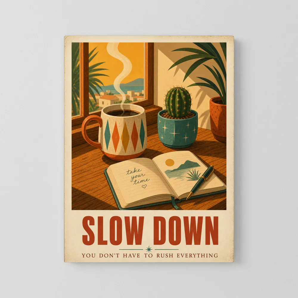 Slow Down – Retro Coffee & Journal Art Print