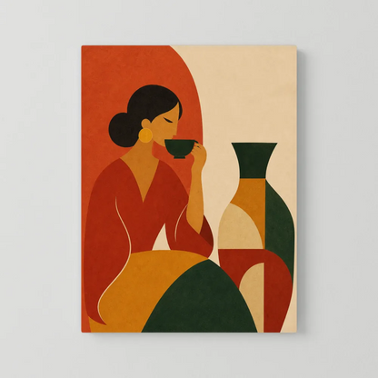 Woman Sipping Tea with Patterned Vase Boho Minimalist Art Print