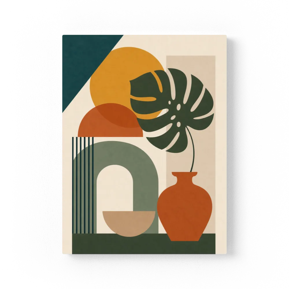Mid-Century Monstera & Abstract Shapes Art Print