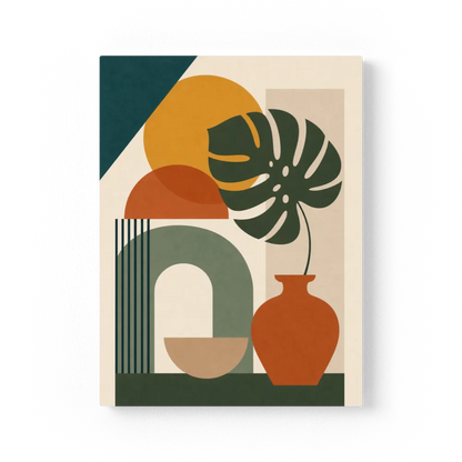 Mid-Century Monstera & Abstract Shapes Art Print