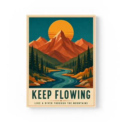 Keep Flowing – Retro Mountain & River Art Print