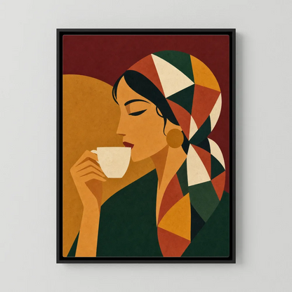 Woman Drinking Coffee with Geometric Headscarf Retro Art Print