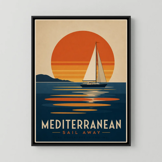 Vintage nautical travel poster titled Mediterranean Sail Away featuring a sailboat against a large orange sunset with water reflections.