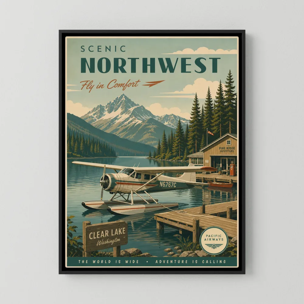 Vintage Pacific Northwest travel poster titled Scenic Northwest featuring a seaplane docked at Clear Lake Washington with mountains and pine trees.