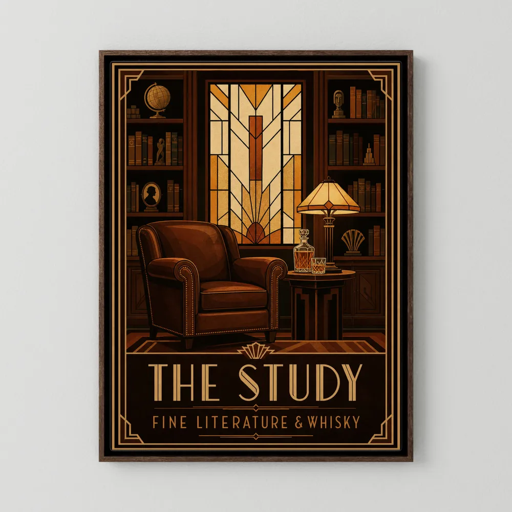 The Study: Fine Literature & Whisky – Vintage Art Deco Library Interior Print