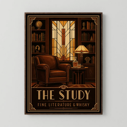 The Study: Fine Literature & Whisky – Vintage Art Deco Library Interior Print