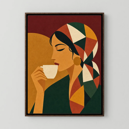 Woman Drinking Coffee with Geometric Headscarf Retro Art Print