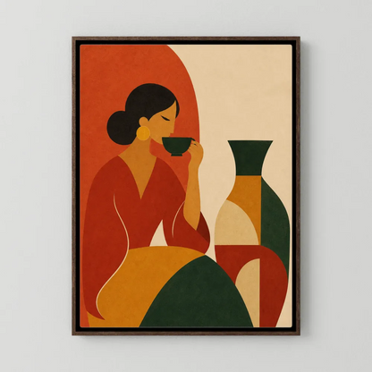 Woman Sipping Tea with Patterned Vase Boho Minimalist Art Print