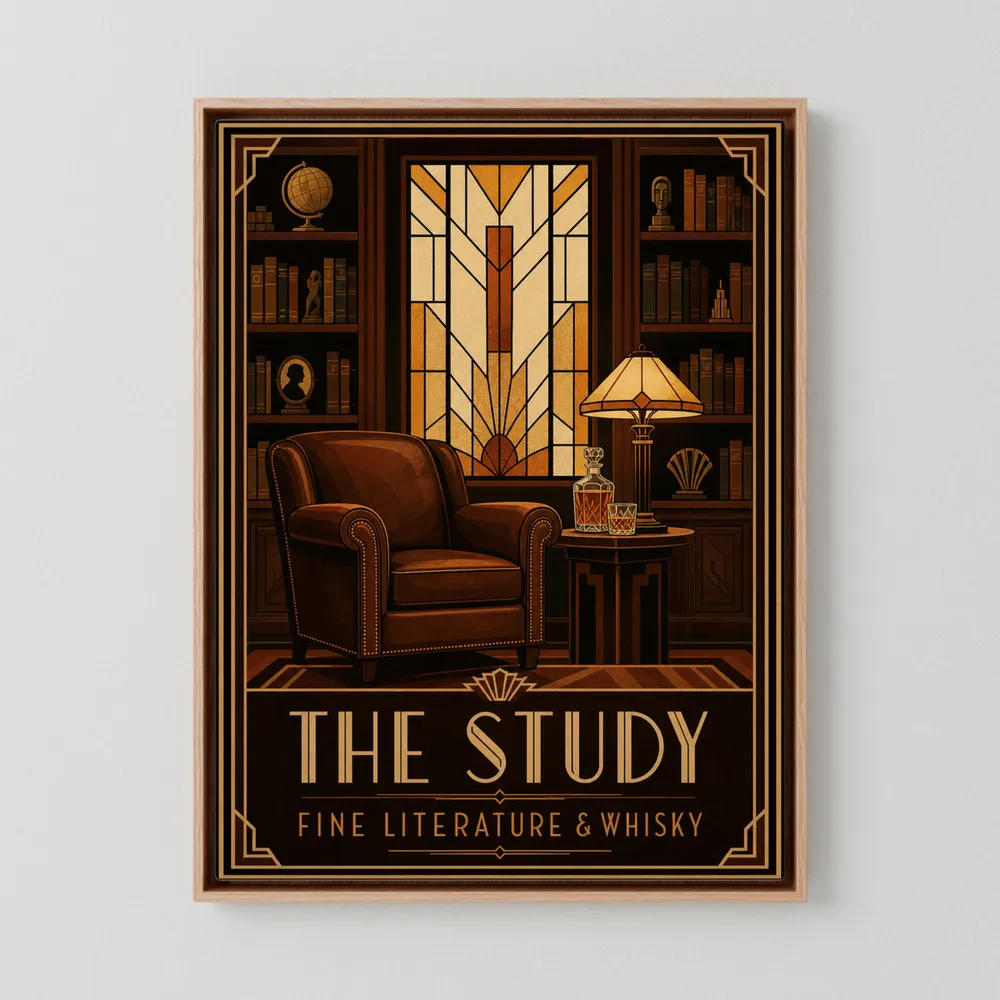 The Study: Fine Literature & Whisky – Vintage Art Deco Library Interior Print