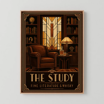 The Study: Fine Literature & Whisky – Vintage Art Deco Library Interior Print