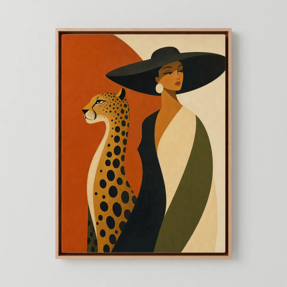 Glamorous Woman in Black Hat with Cheetah Mid-Century Art Print