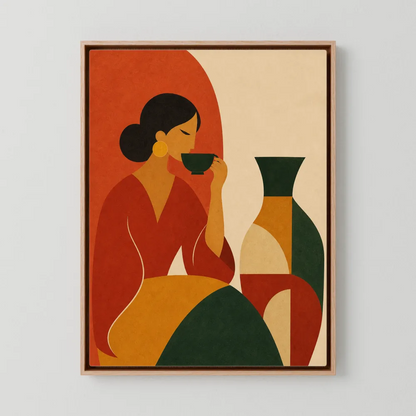 Woman Sipping Tea with Patterned Vase Boho Minimalist Art Print