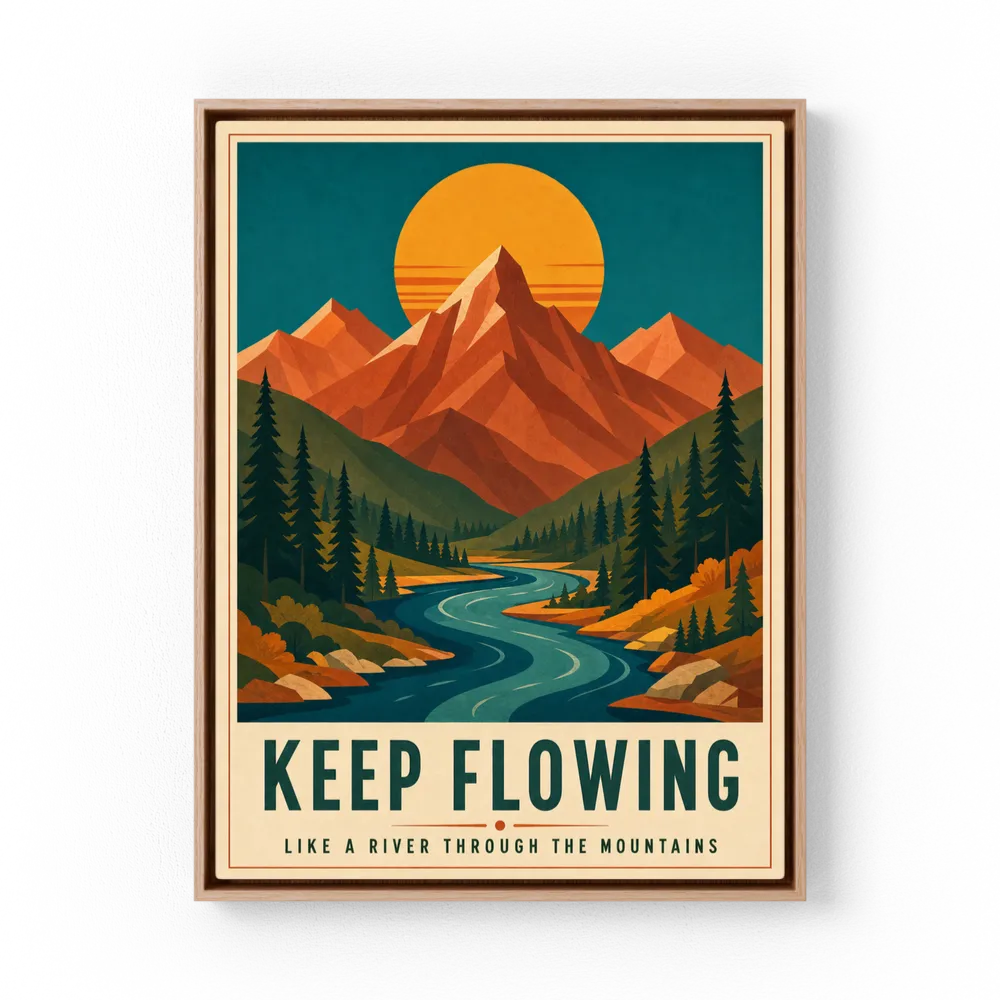 Keep Flowing – Retro Mountain & River Art Print