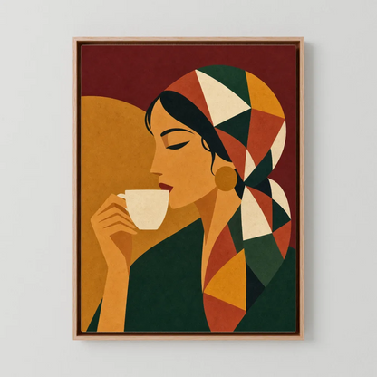 Woman Drinking Coffee with Geometric Headscarf Retro Art Print