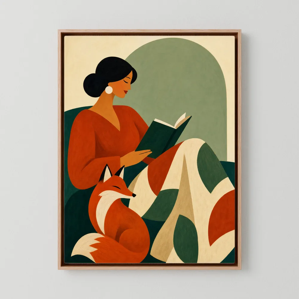 Woman Reading with Fox Mid-Century Retro Art Print