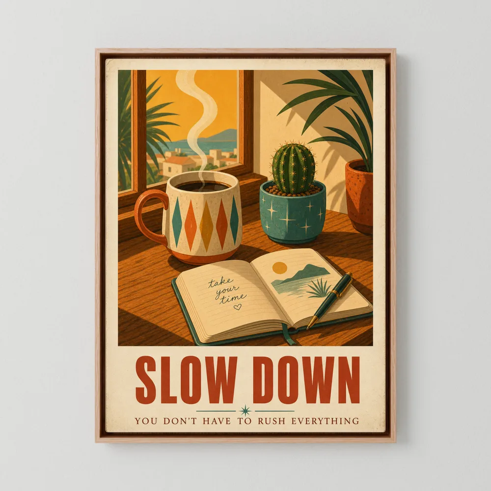 Slow Down – Retro Coffee & Journal Art Print
