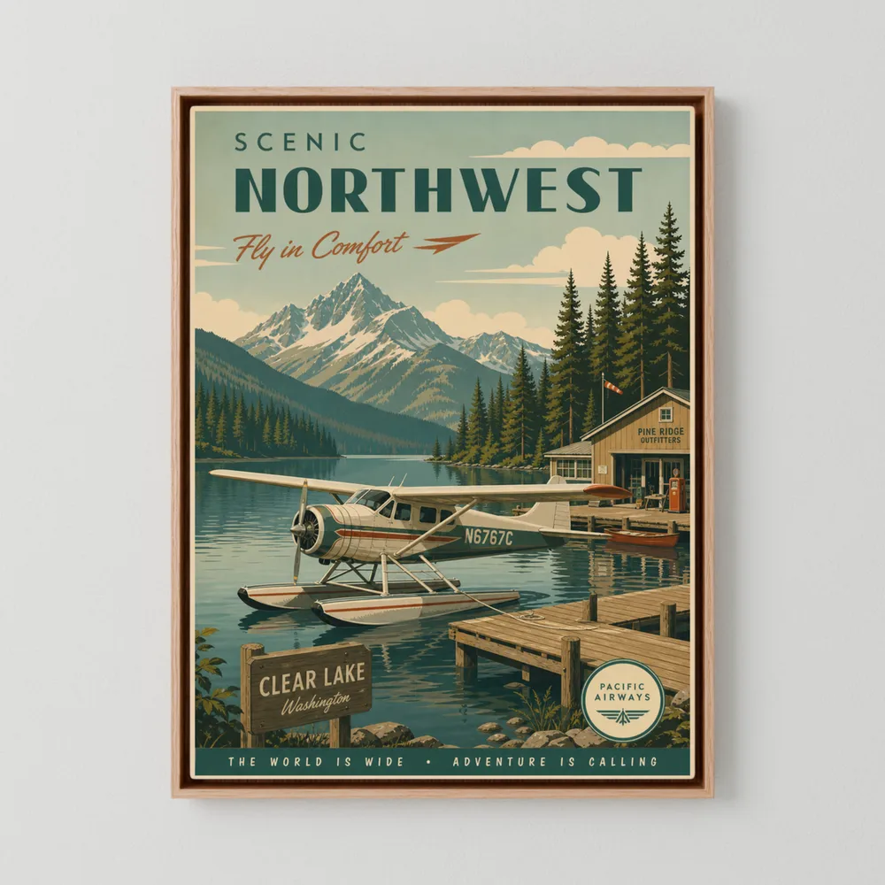 Scenic Northwest Clear Lake Washington Seaplane Vintage Travel Poster Art Print