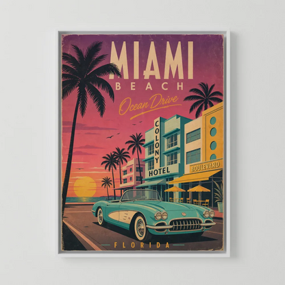 Miami Beach Ocean Drive Art Deco Vintage Travel Poster