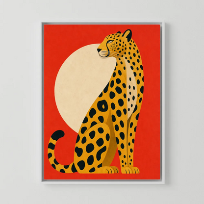 Mid-Century Modern Cheetah Red Sun Retro Art Print