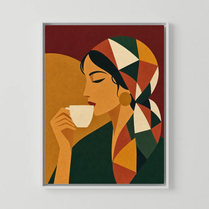 Woman Drinking Coffee with Geometric Headscarf Retro Art Print