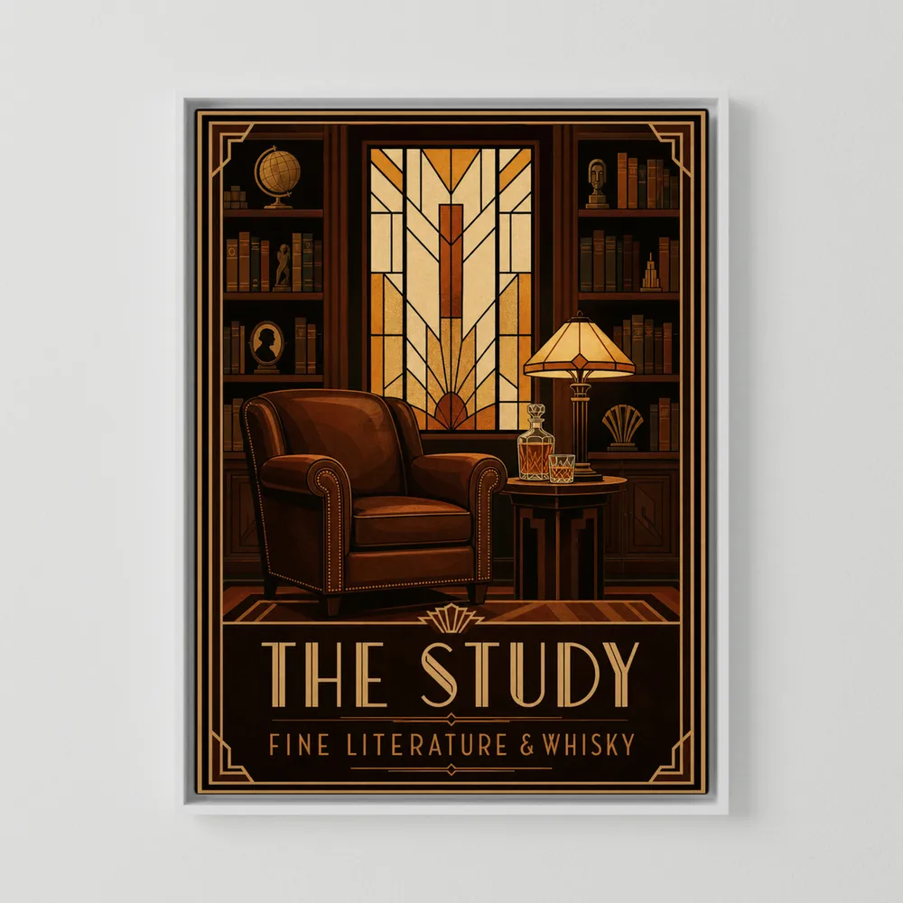 The Study: Fine Literature & Whisky – Vintage Art Deco Library Interior Print