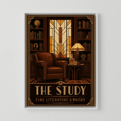 The Study: Fine Literature & Whisky – Vintage Art Deco Library Interior Print