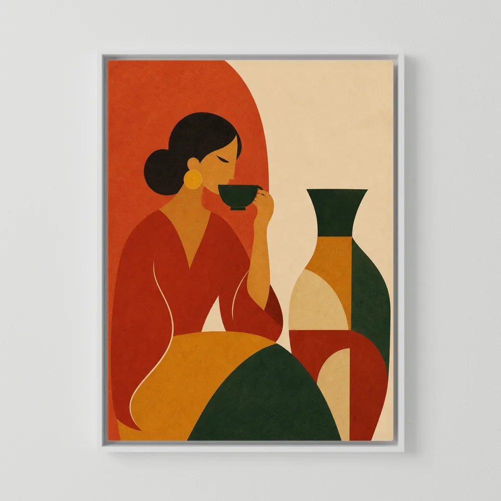Woman Sipping Tea with Patterned Vase Boho Minimalist Art Print