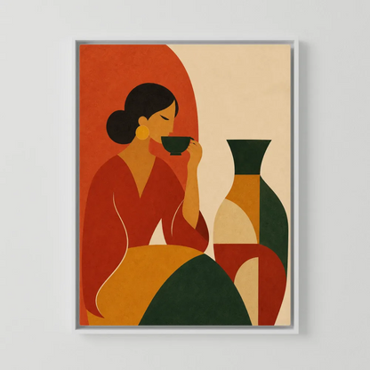 Woman Sipping Tea with Patterned Vase Boho Minimalist Art Print