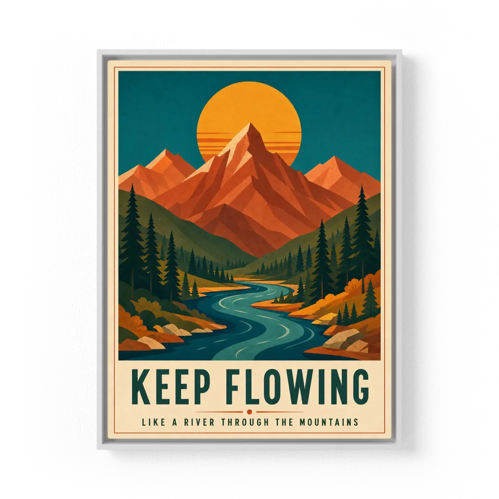 Keep Flowing – Retro Mountain & River Art Print