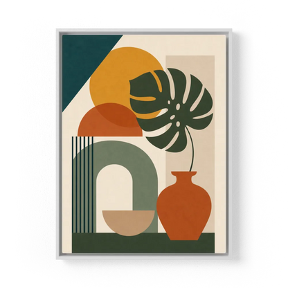 Mid-Century Monstera & Abstract Shapes Art Print