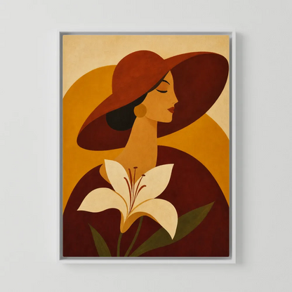 Woman in Sun Hat with White Lily Retro Art Print