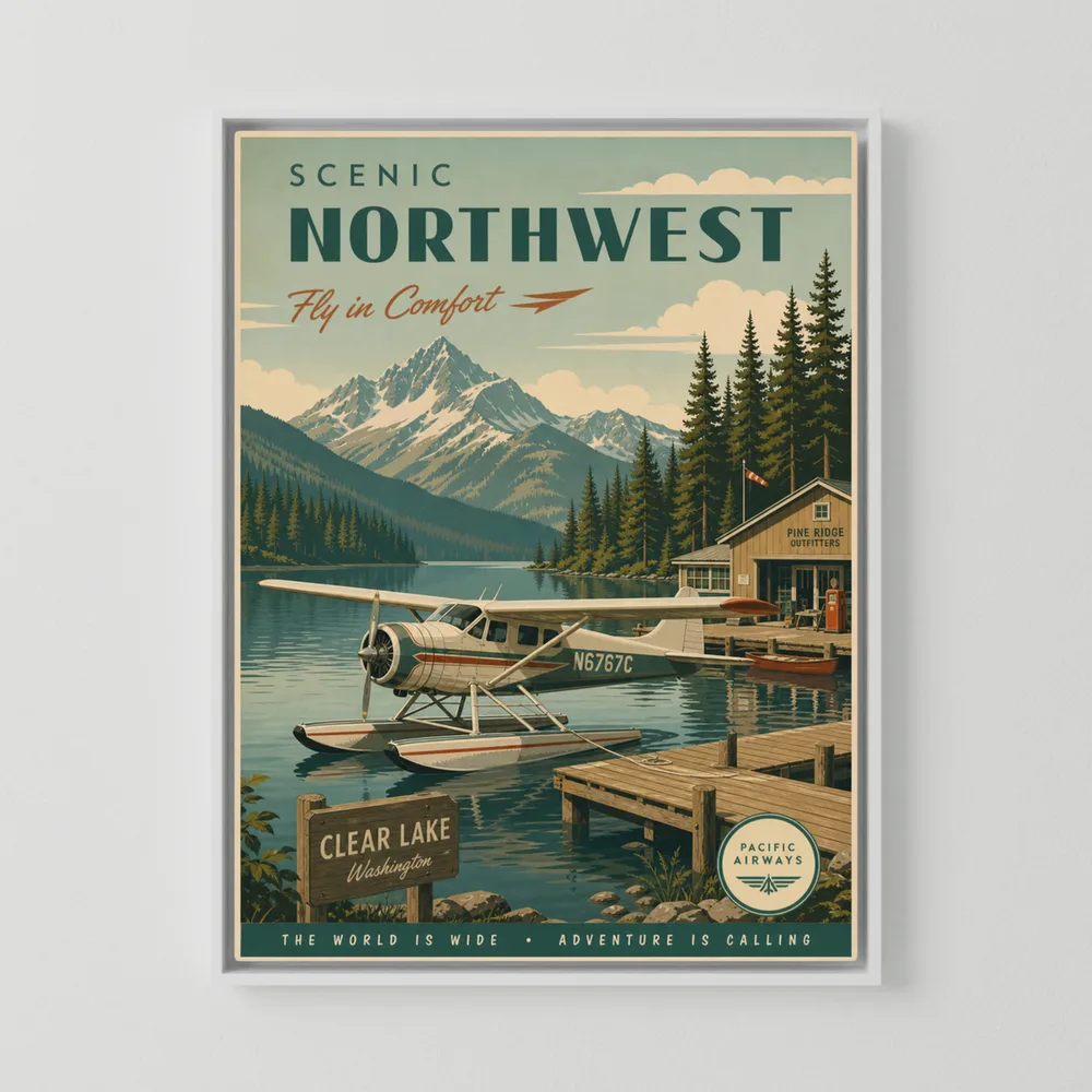 Scenic Northwest Clear Lake Washington Seaplane Vintage Travel Poster Art Print