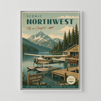 Scenic Northwest Clear Lake Washington Seaplane Vintage Travel Poster Art Print