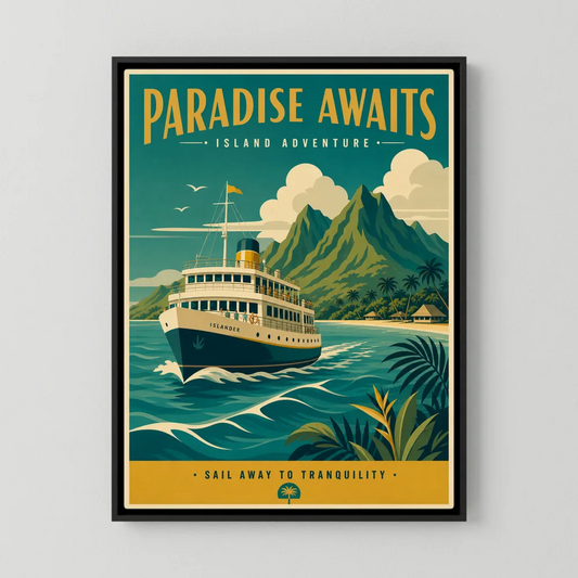 Vintage island travel poster titled Paradise Awaits featuring a classic passenger ship sailing near lush tropical mountains and palm beaches.