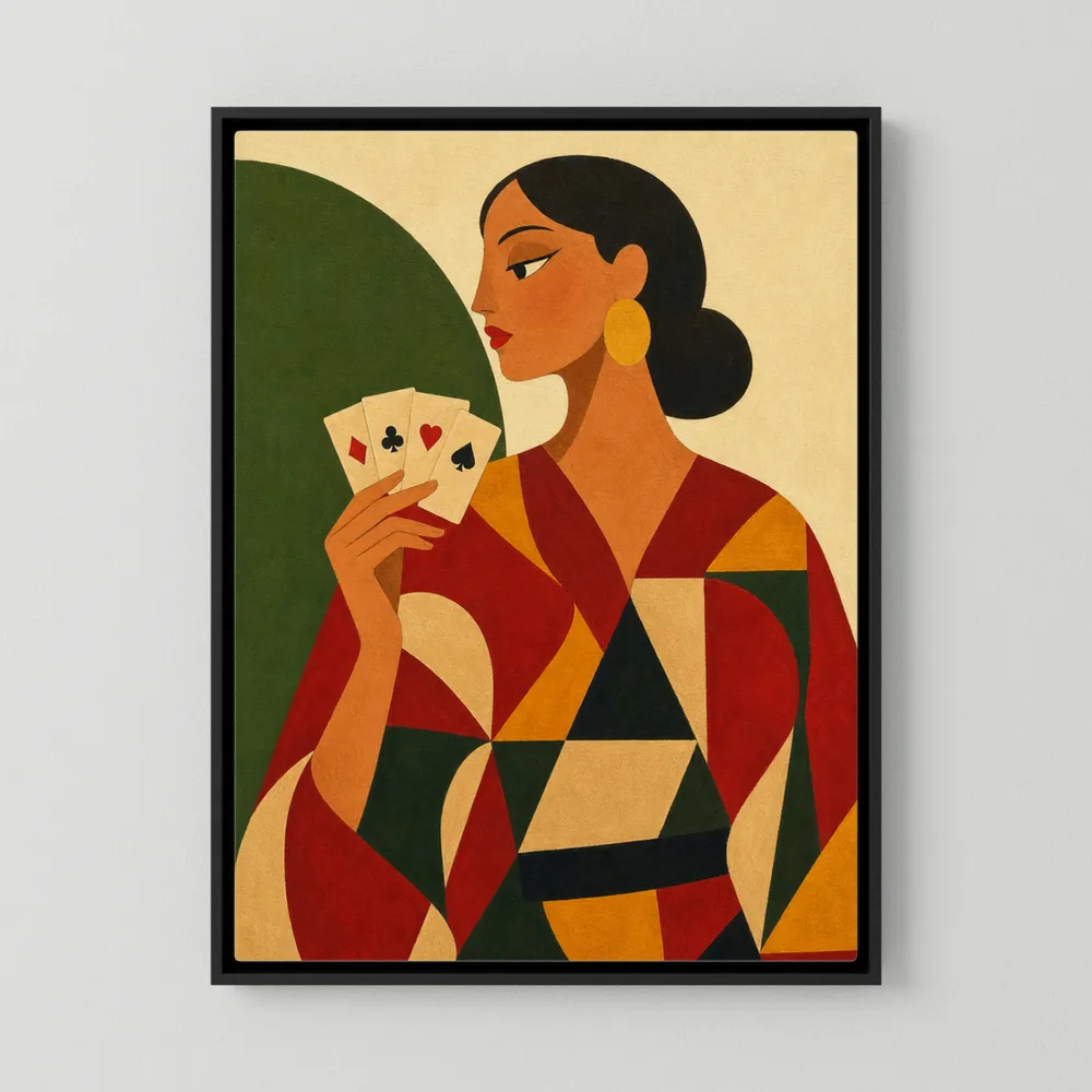 Mid-century Art Deco print of a woman in a geometric red and green robe holding four playing cards with gold hoop earrings.