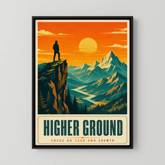 Retro mid-century mountain landscape art print featuring a figure on a cliff overlooking mountains and sunset with quote Higher Ground Focus On Your Own Growth - retvibes.com