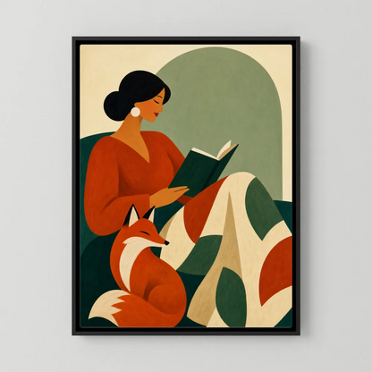 Mid-century modern illustration art print of a woman reading a book with a red fox curled up beside her on an armchair.