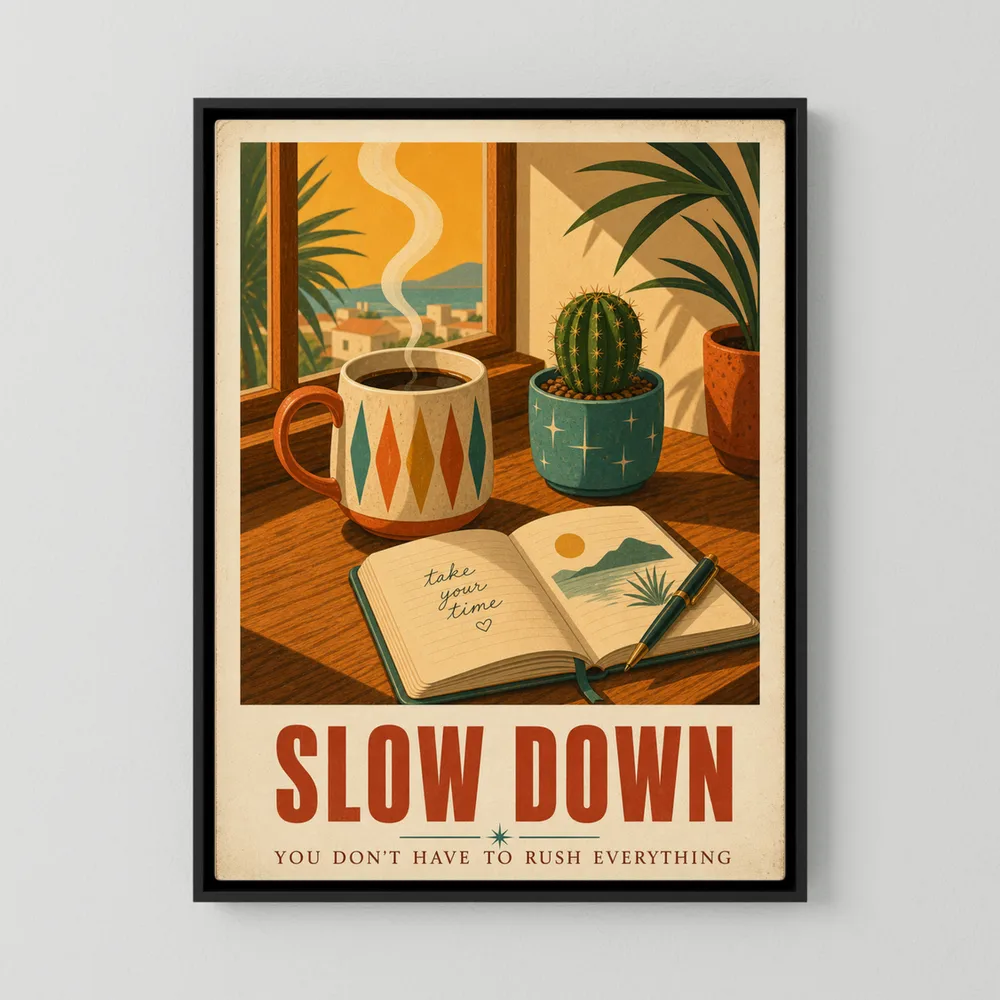Retro mid-century art print of a coffee mug, open journal, and cactus by a sunny window with quote Slow Down You Don't Have to Rush Everything - retvibes.com